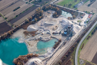 Aerial photograpy of HBM Hagenbacher Bau Mineralstoffe GmbH&Co.KG quarry lake in Hagenbach in the state Rhineland-Palatinate, Germany
