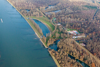 Aerial photograpy of Rappenwört beach on the banks of the Rhine in the district Daxlanden in Karlsruhe in the state Baden-Wuerttemberg, Germany