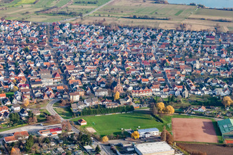 St. Martin's Church behind the sports field in the district Forchheim in Rheinstetten in the state Baden-Wuerttemberg, Germany