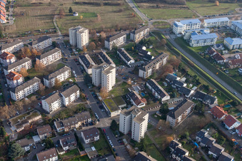 Oberfeldstraße from the north in the district Forchheim in Rheinstetten in the state Baden-Wuerttemberg, Germany