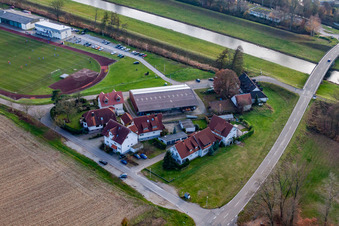 Aerial photograpy of SV Niederbühl Donau and Ali's Gasthaus Engel in the district Niederbühl in Rastatt in the state Baden-Wuerttemberg, Germany