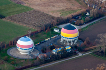 French German painted gas storage tanks in Rastatt in the state Baden-Wuerttemberg, Germany