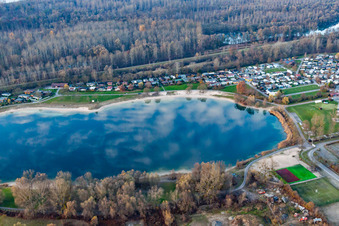 Aerial view of Lake bank areas of Fischergilde Plittersdorf 1964 e.V. in Rastatt in the state Baden-Wurttemberg