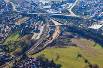 Aerial view of Construction site at the Ottstr railway crossing in Wörth am Rhein in the state Rhineland-Palatinate, Germany