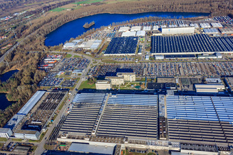Oblique view of Industriepark Wörth GmbH with Mercedes-Benz Wörth automobile plant of Daimler AG in the district Maximiliansau in Wörth am Rhein in the state Rhineland-Palatinate, Germany