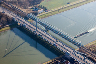 Rail and Street bridges construction across the Rhine river between Karlsruhe and Woerth am Rhein in the state Rhineland-Palatinate, Germany