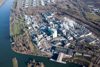 Aerial view of Building and production halls on the premises of Papierfabrik Stora Enso in the district Maxau in Karlsruhe in the state Baden-Wurttemberg