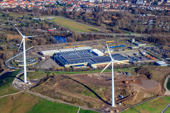 Landfill West (Energy Mountain) in front of Verkehrs Betriebe Karlsruhe GmbH - Depot West in the district Knielingen in Karlsruhe in the state Baden-Wuerttemberg, Germany