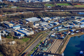 Rhine harbor northern Uferstraße with Mineralix GmbH in the district Mühlburg in Karlsruhe in the state Baden-Wuerttemberg, Germany