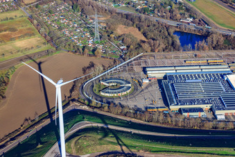 Aerial photograpy of Landfill West (Energy Mountain) in front of Verkehrs Betriebe Karlsruhe GmbH - Depot West in the district Knielingen in Karlsruhe in the state Baden-Wuerttemberg, Germany