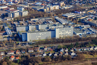 Oblique view of Siemens AG, manufacturing and development site Karlsruhe in the district Knielingen in Karlsruhe in the state Baden-Wuerttemberg, Germany