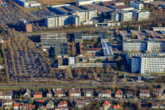 Siemens AG, manufacturing and development site Karlsruhe in the district Knielingen in Karlsruhe in the state Baden-Wuerttemberg, Germany seen from above