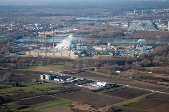 Aerial view of Maxau, Stora Enso from the east in the district Knielingen in Karlsruhe in the state Baden-Wuerttemberg, Germany