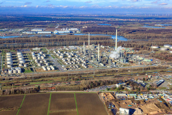 Drone recording of Upper Rhine mineral oil refinery in the district Knielingen in Karlsruhe in the state Baden-Wuerttemberg, Germany