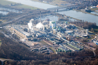 Aerial photograpy of Building and production halls on the premises of Papierfabrik Stora Enso in the district Maxau in Karlsruhe in the state Baden-Wurttemberg