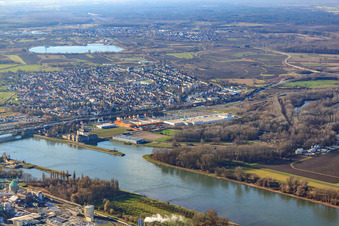 Port Maximiliansau on the Rhine from the northeast in the district Maximiliansau in Wörth am Rhein in the state Rhineland-Palatinate, Germany