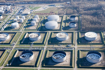 Aerial view of MIRO oil tanks in the district Knielingen in Karlsruhe in the state Baden-Wuerttemberg, Germany