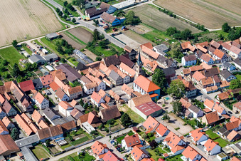 Aerial view of Protestant St. Martin's Church in Erlenbach bei Kandel in the state Rhineland-Palatinate, Germany