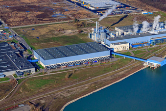 Aerial view of Palm paper mill in the Oberwald industrial area in Wörth am Rhein in the state Rhineland-Palatinate, Germany