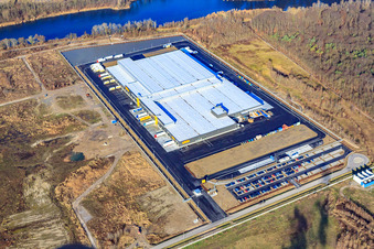 Aerial view of New Netto logistics center in the Oberwald industrial area in Wörth am Rhein in the state Rhineland-Palatinate, Germany