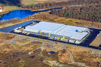 New Netto logistics center in the Oberwald industrial area in Wörth am Rhein in the state Rhineland-Palatinate, Germany from above