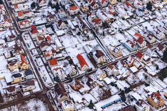 Aerial photograpy of Gartenstadt settlement in winter when there is snow in Kandel in the state Rhineland-Palatinate, Germany