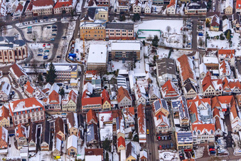 Aerial view of Main Street in winter with snow in Kandel in the state Rhineland-Palatinate, Germany