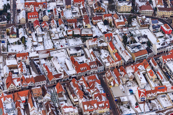 Main Street in winter with snow in Kandel in the state Rhineland-Palatinate, Germany from above