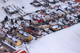 Aerial view of Saarstraße in winter with snow in Kandel in the state Rhineland-Palatinate, Germany