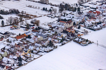 Oblique view of Saarstraße in winter with snow in Kandel in the state Rhineland-Palatinate, Germany