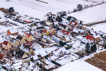 Aerial view of Saarstraße in winter with snow in Kandel in the state Rhineland-Palatinate, Germany