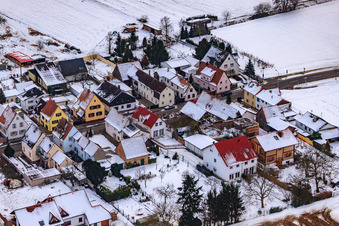 Aerial photograpy of Saarstraße in winter with snow in Kandel in the state Rhineland-Palatinate, Germany
