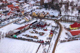 Aerial view of Castle House in winter with snow in Minfeld in the state Rhineland-Palatinate, Germany