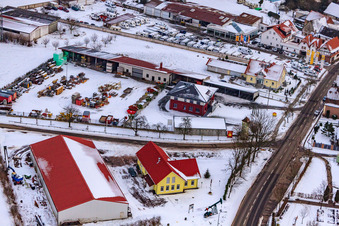 Aerial photograpy of Gockelwirt in winter when there is snow in Minfeld in the state Rhineland-Palatinate, Germany