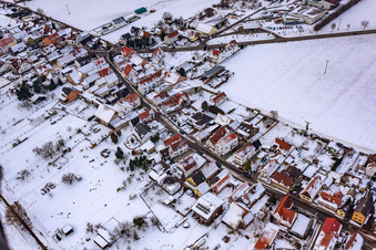 Aerial photograpy of Gänsried in winter with snow in Freckenfeld in the state Rhineland-Palatinate, Germany