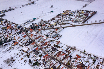Oblique view of Gänsried in winter with snow in Freckenfeld in the state Rhineland-Palatinate, Germany
