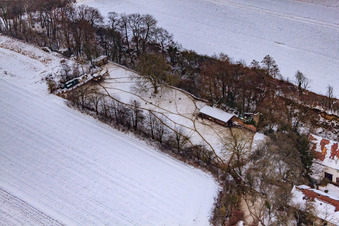 Oblique view of Game reserve at the Gasthaus zur Brauerei in snow in Freckenfeld in the state Rhineland-Palatinate, Germany