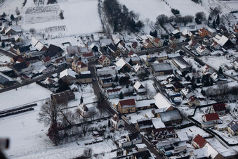 Aerial view of In the snow in winter in the district Kleinsteinfeld in Niederotterbach in the state Rhineland-Palatinate, Germany