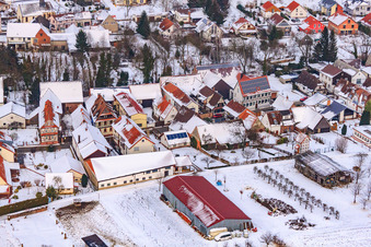 Aerial photograpy of Main street in winter in the snow in Dierbach in the state Rhineland-Palatinate, Germany