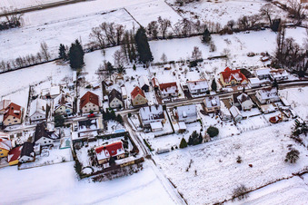 Aerial view of Mühlstraße in the snow in Barbelroth in the state Rhineland-Palatinate, Germany