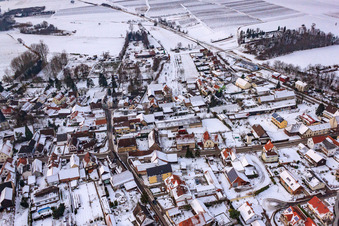 Friedensstraße in the snow in Barbelroth in the state Rhineland-Palatinate, Germany