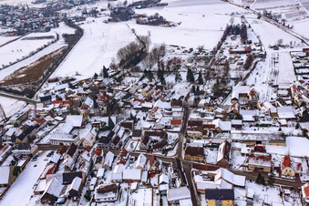 Aerial view of Friedensstraße in the snow in Barbelroth in the state Rhineland-Palatinate, Germany