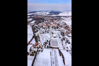 Aerial view of Village view from the west in snow in Winden in the state Rhineland-Palatinate, Germany