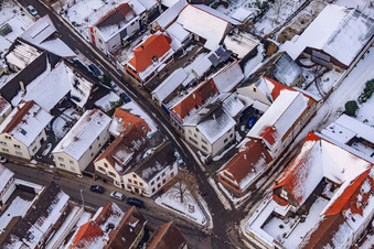 Aerial photograpy of Raiffeisenstraße x Hauptstraße in snow in Winden in the state Rhineland-Palatinate, Germany