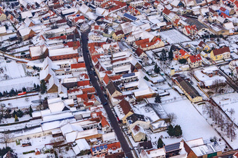 Aerial view of Kreuzgasse in the snow in Steinweiler in the state Rhineland-Palatinate, Germany