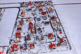 New development area Brotäcker in snow in Steinweiler in the state Rhineland-Palatinate, Germany