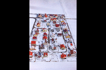 Aerial view of New development area Brotäcker in snow in Steinweiler in the state Rhineland-Palatinate, Germany