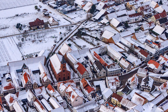 Protest. Church in the snow in Steinweiler in the state Rhineland-Palatinate, Germany