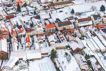 Kreuzgasse in the snow in Steinweiler in the state Rhineland-Palatinate, Germany from the plane