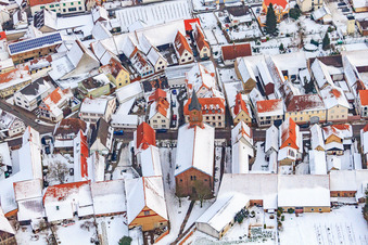 Aerial photograpy of Protest. Church in the snow in Steinweiler in the state Rhineland-Palatinate, Germany